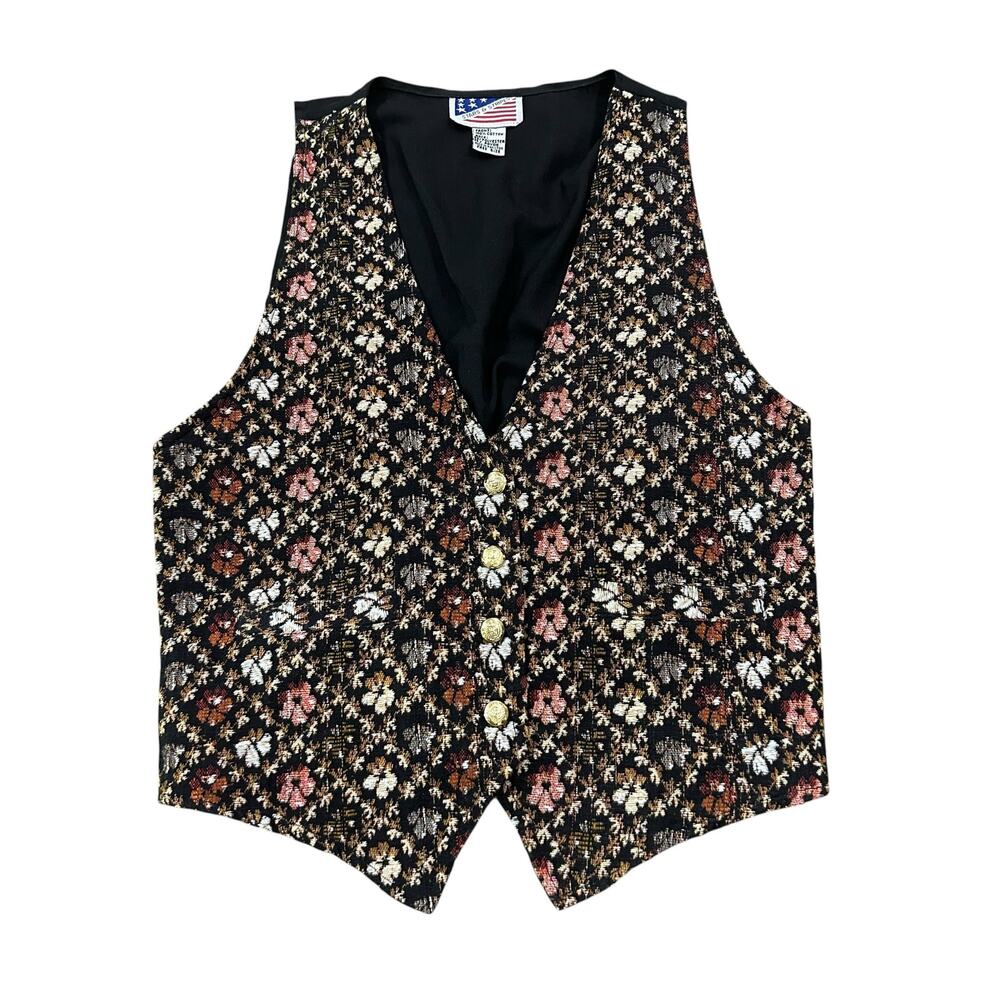 Vintage Floral Tapestry Vest Boho Cottagecore Button Front Pocket Free Size M -
